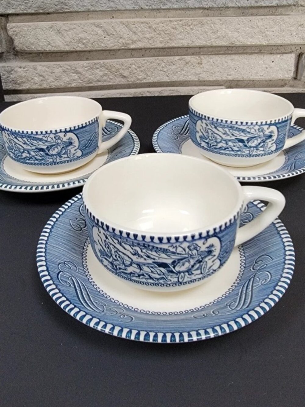 Set of 3 Currier & Ives teacups &saucers, classic blue & white steamboat buggy